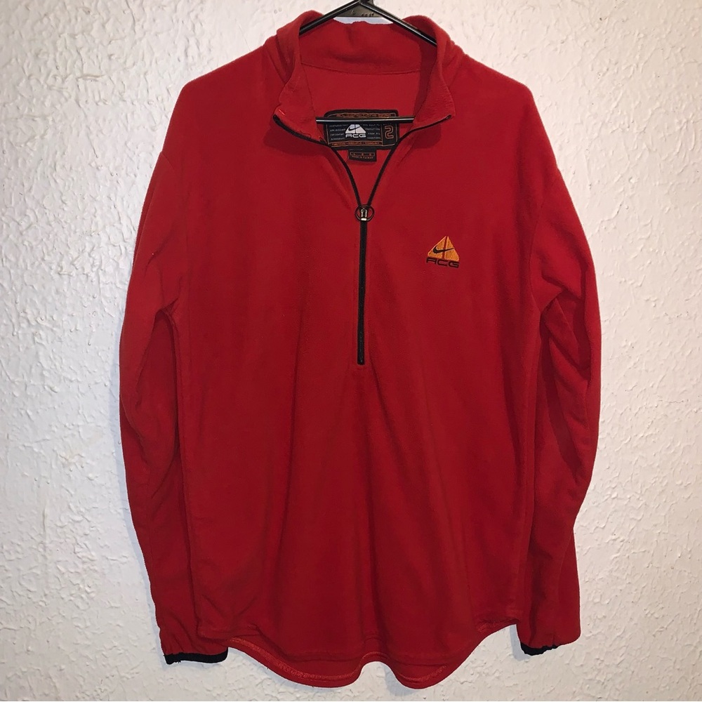 Y2K Nike ACG Sweater Red Thermal Layer 2 1/2 Zip Nike-Fir Fleece Pullover L